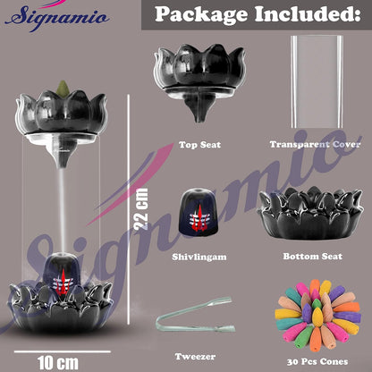 Signamio Aromatic Essence of Ceramic Shivling Shiva Backflow dhoop Smoke Fountain Incense Burner Holder with 30 Cones - Incense Holder for Meditation and Home Decor,Blue