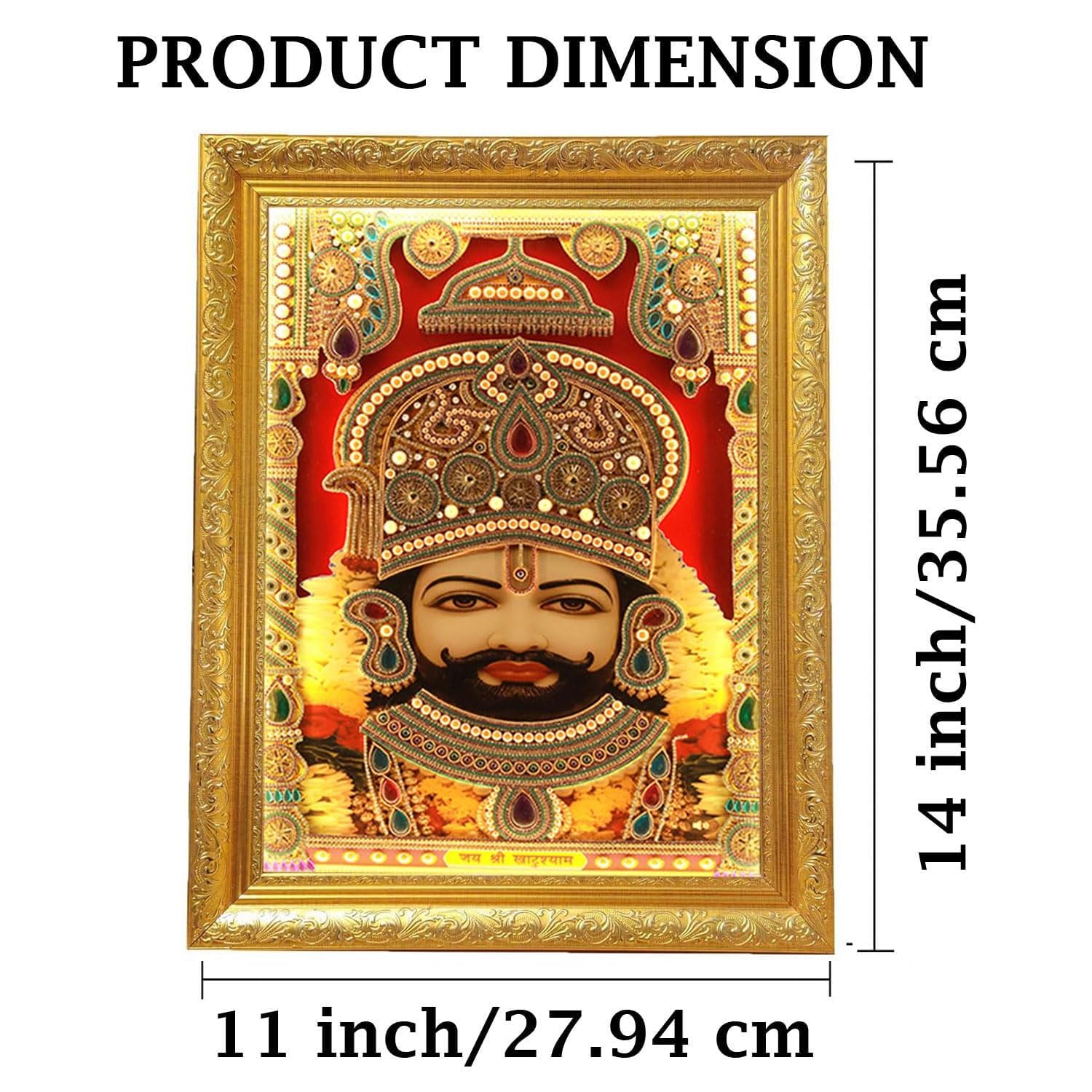 SIGNAMIO® Designer Handmade Stone Moti Work with Gold led Light Sculpture of 3D Khatu Shyam Wall Hanging Photo Frame with for Puja Room,Home,Office,Wall decoration-1pcs (14X11 Inch)