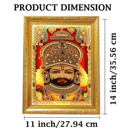 SIGNAMIO® Designer Handmade Stone Moti Work with Gold led Light Sculpture of 3D Khatu Shyam Wall Hanging Photo Frame with for Puja Room,Home,Office,Wall decoration-1pcs (14X11 Inch)