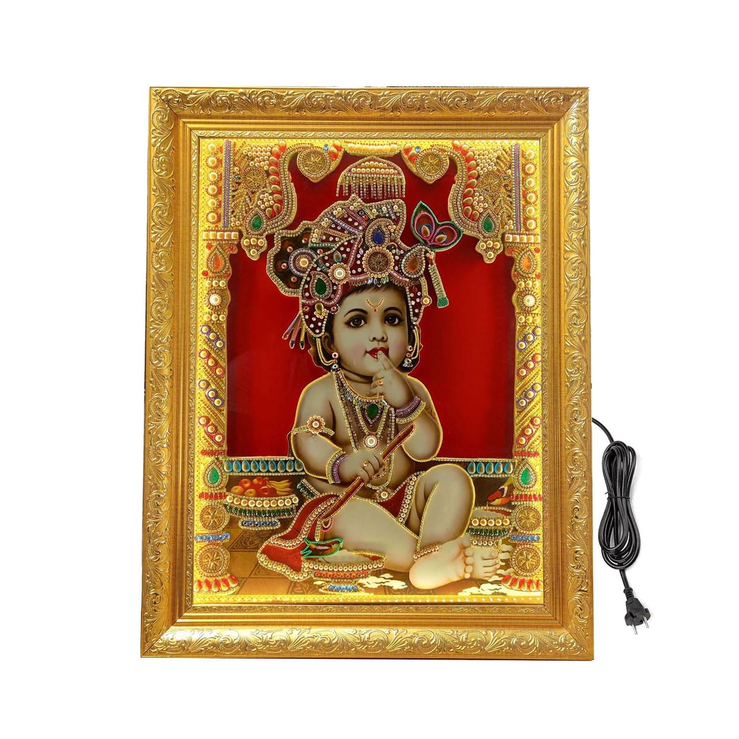 SIGNAMIO® Designer Handmade Stone Moti Work with Gold led Light Sculpture of 3D Lord Shiva Mahadev Shankar wall Hanging Photo Frame with for Puja Room,Home,Office,wall decoration-1pcs (23x18 Inch)