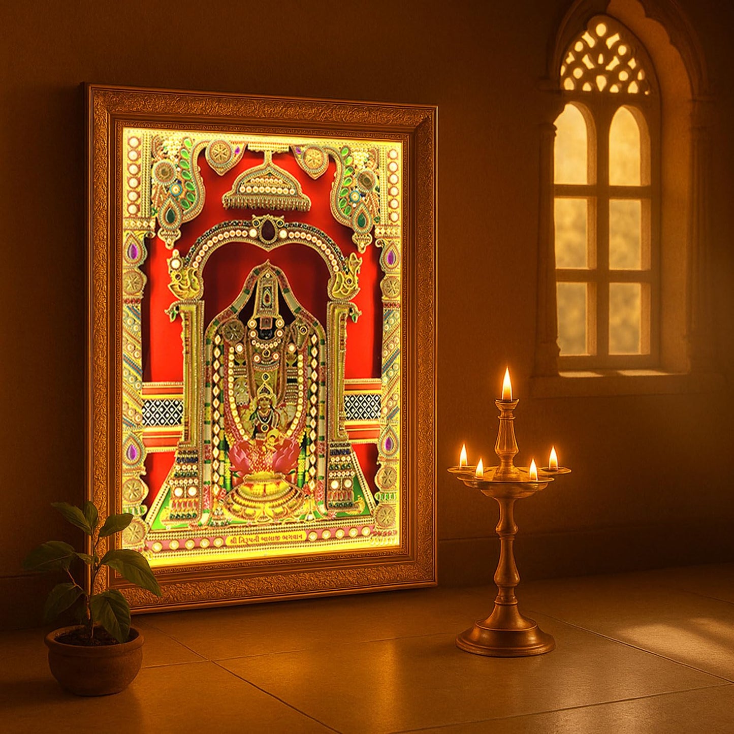 SIGNAMIO® Designer Handmade Stone Moti Work with Gold led Light Sculpture of 3D Tirupati Balaji wall Hanging Photo Frame with for Puja Room,Home,Office,wall decoration-1pcs (14X11 Inch)
