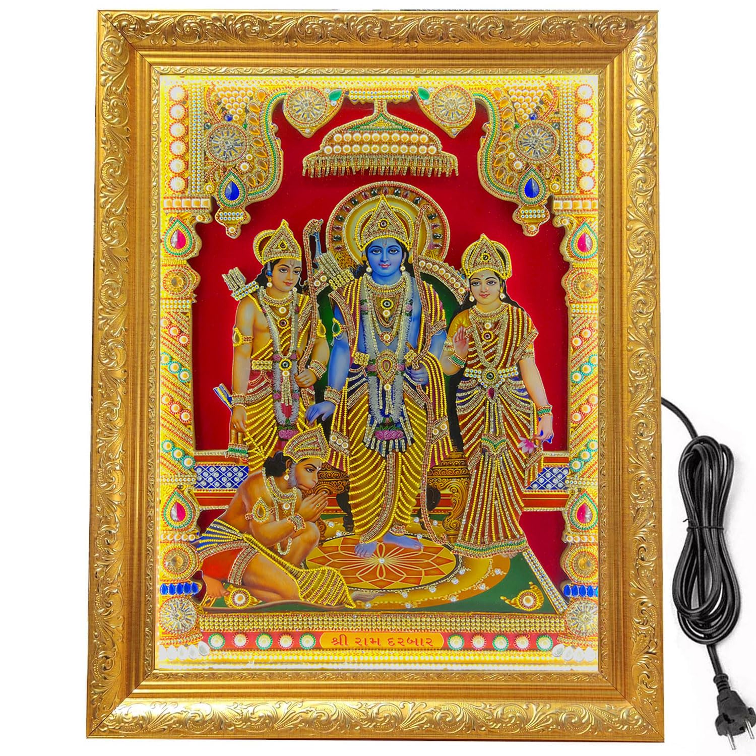 SIGNAMIO® Designer Handmade Stone Moti Work with Gold led Light Sculpture of 3D Tirupati Balaji wall Hanging Photo Frame with for Puja Room,Home,Office,wall decoration-1pcs (23X18 Inch)
