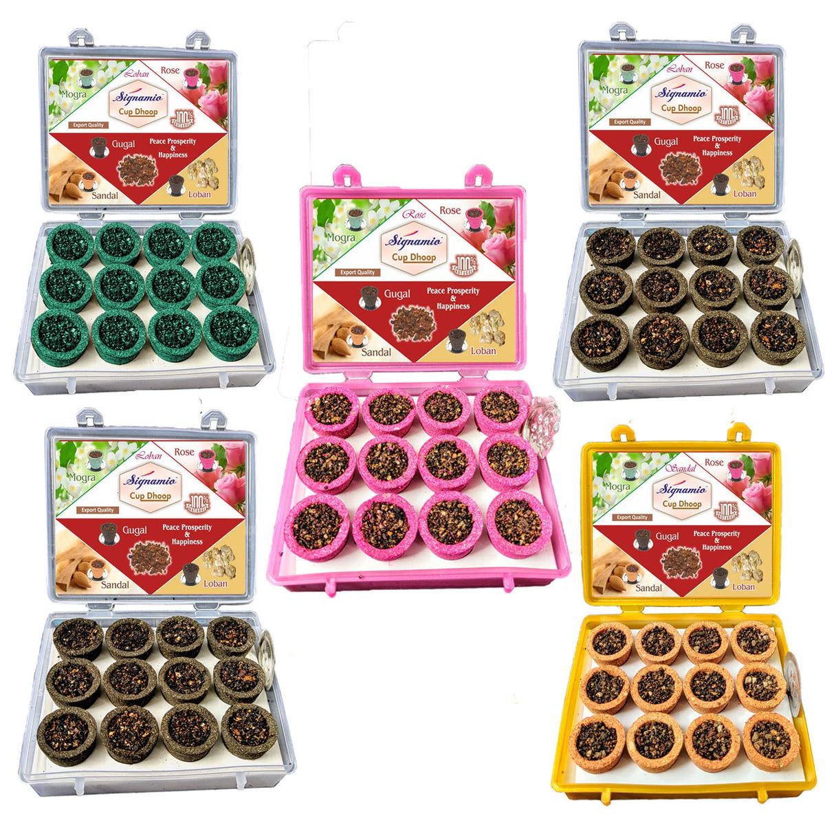 Signamio Mini Sambrani Dhoop Cup Pack 5-60 Cup Dhoop with Loban, Guggal, Rose, Sandal, Mogra - Aromatic Dhoop Cup for Meditation and Relaxation - Traditional Fragrance
