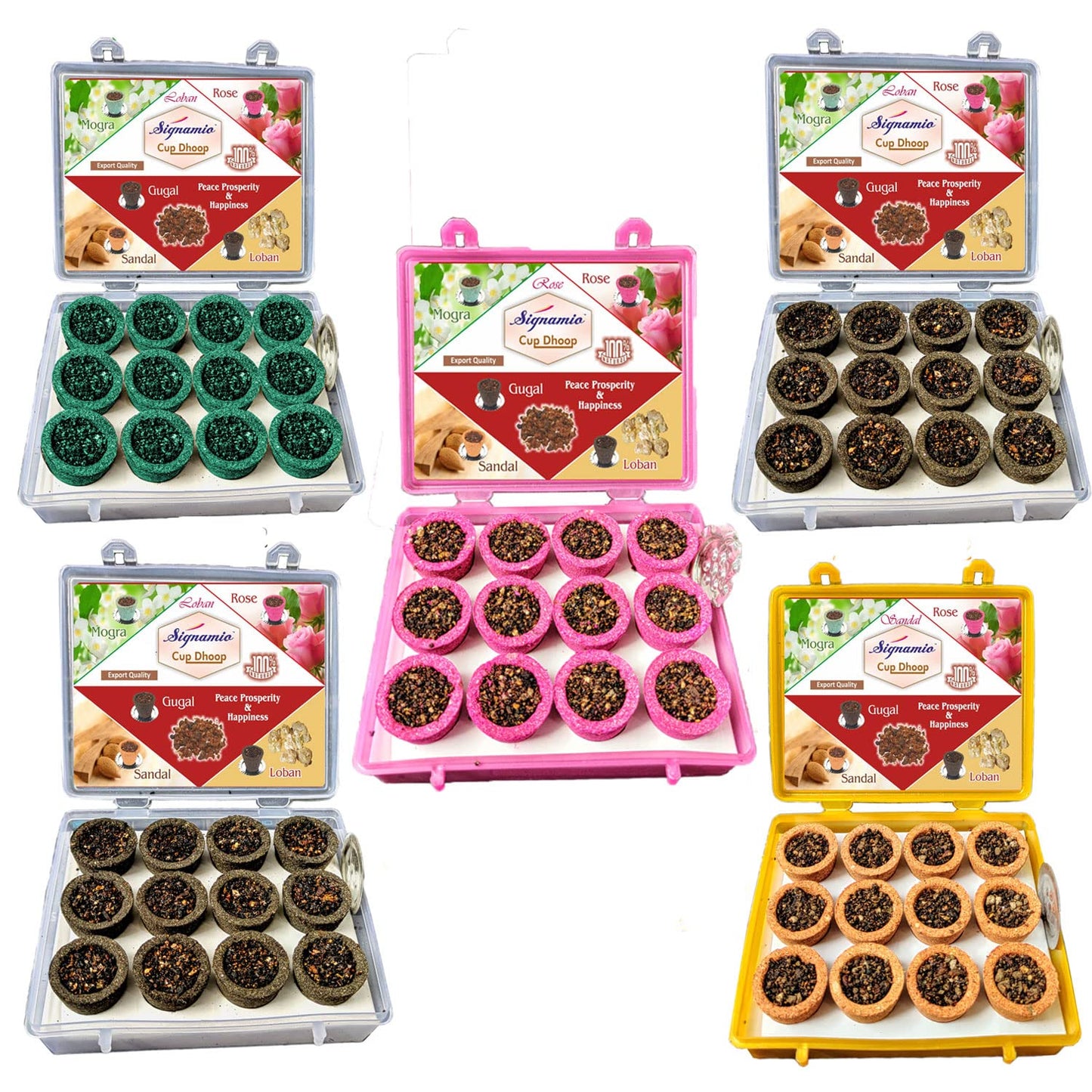 Signamio Sambrani Dhoop Cup 5 Pack of 60 Cup Dhoop with Loban, Guggal, Rose, Sandal, Mogra - Aromatic Dhoop Cup for Meditation and Relaxation - Traditional Fragrance