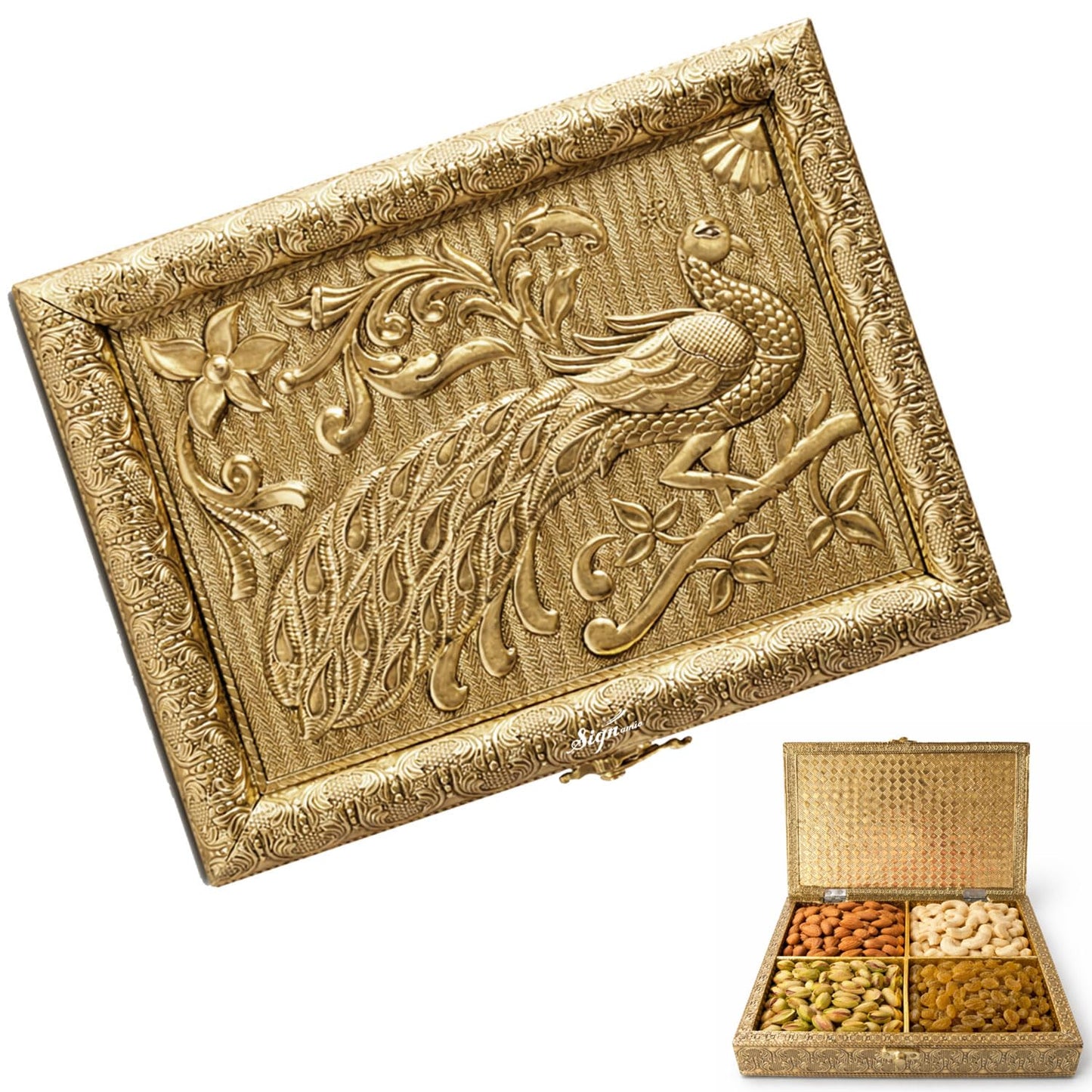 Signamio Decorative Dry Fruit Container Box - 4-Container Dryfruit Box for Home Decor, Elegant Wooden Dry Fruit Box with Lids, Ideal for Gifting and Organizing