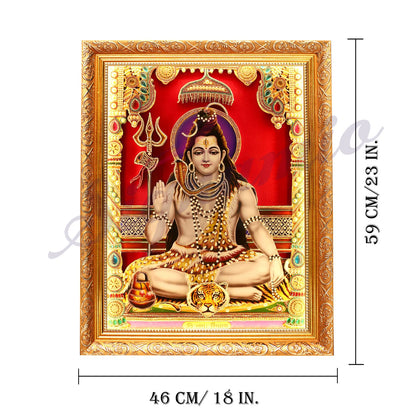 SIGNAMIO® Designer Handmade Stone Moti Work with Gold led Light Sculpture of 3D Lord Shiva Mahadev Shankar wall Hanging Photo Frame with for Puja Room,Home,Office,wall decoration-1pcs (23x18 Inch)