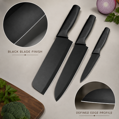 3 Pcs Kitchen Knife Set - Black-(Packing-Loose)