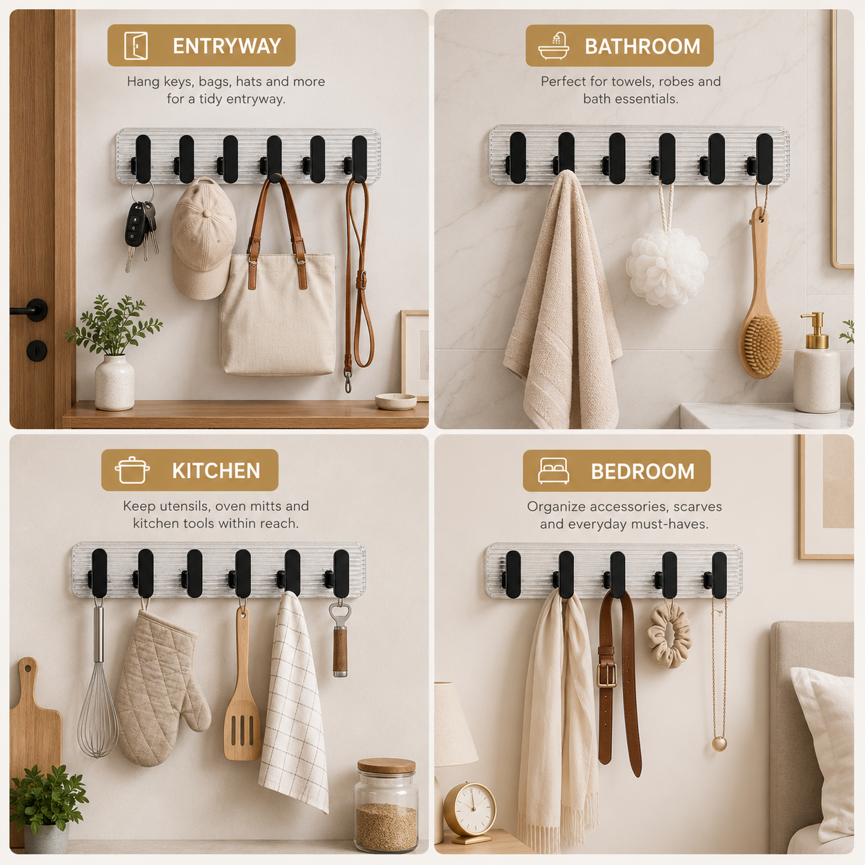 Self Adhesive Wall Hooks Black 6 pcs -