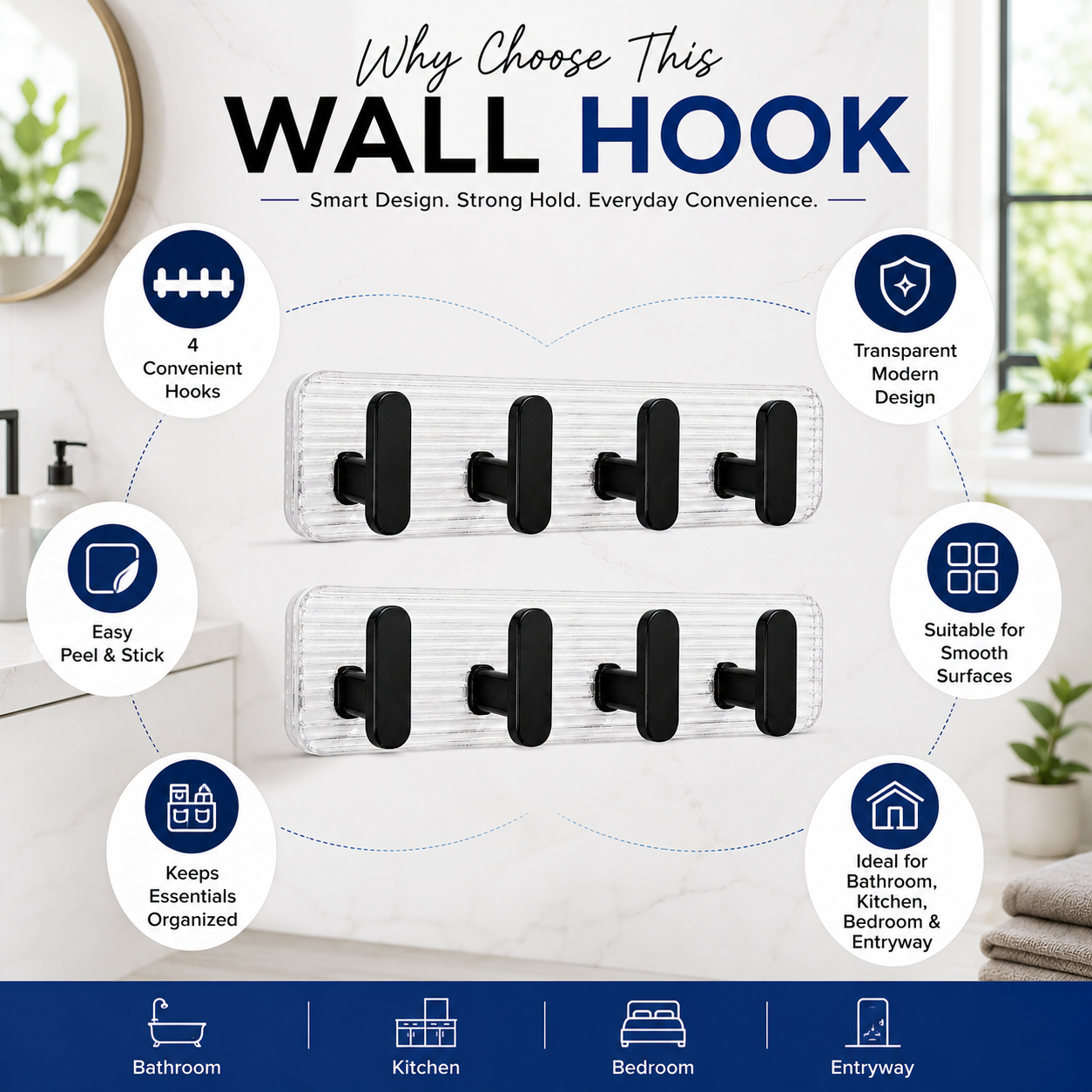 Self Adhesive Wall Hooks Black 8 pcs -
