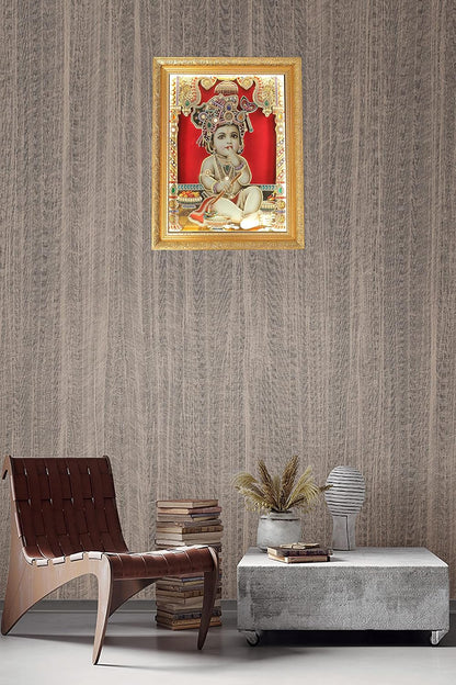 SIGNAMIO® Designer Handmade Stone Moti Work with Gold led Light Sculpture of 3D Lord Bal Krishna wall Hanging Photo Frame with for Puja Room,Home,Office,wall decoration-1pcs (23x18 Inch)