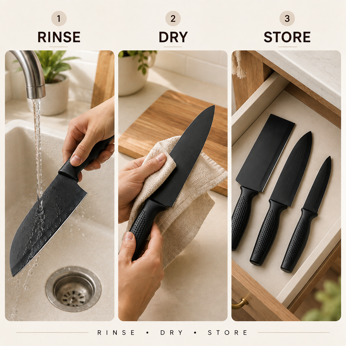 3 Pcs Kitchen Knife Set - Black-(Packing-Loose)